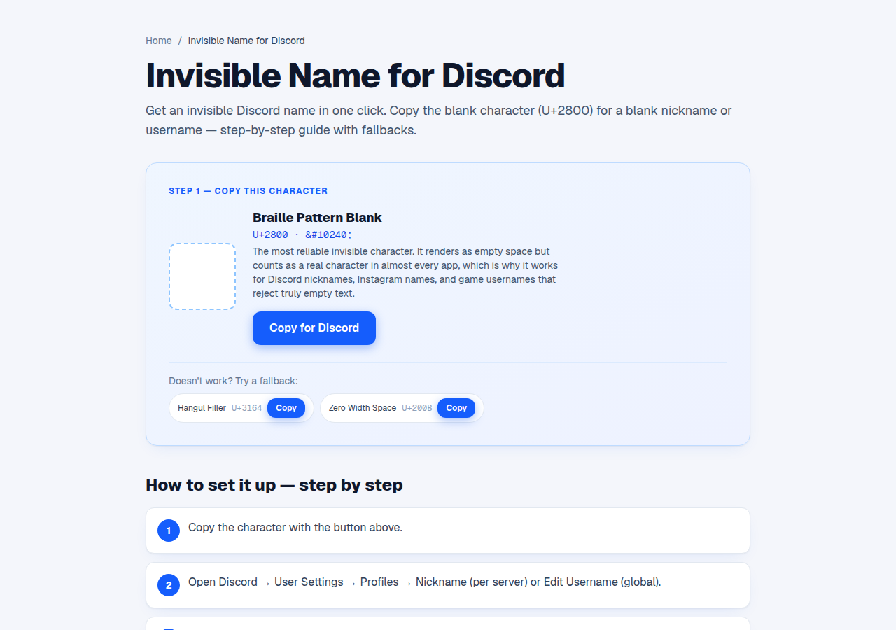 Discord invisible name guide with recommended characters
