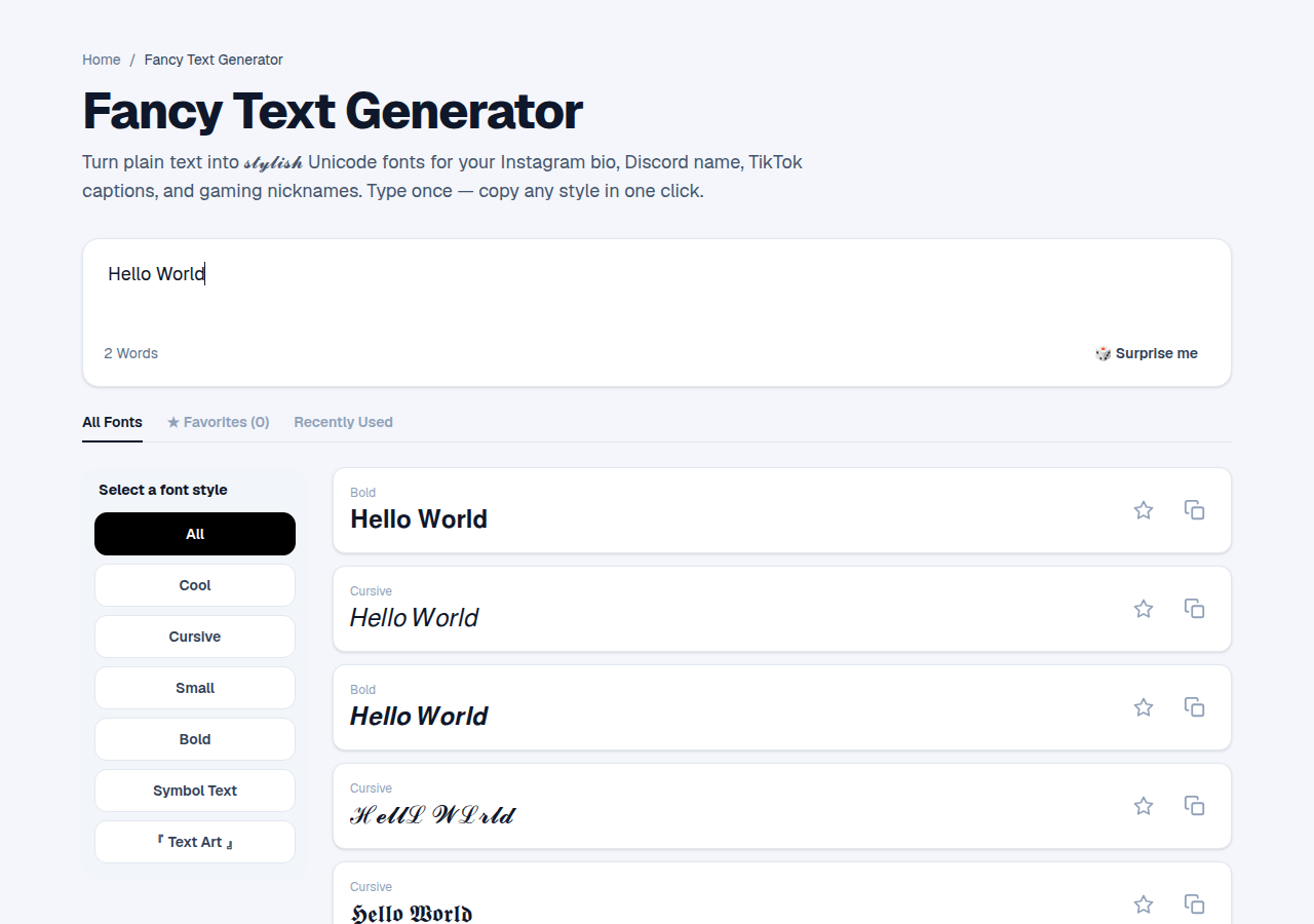 Fancy text generator tool showing multiple Unicode font styles